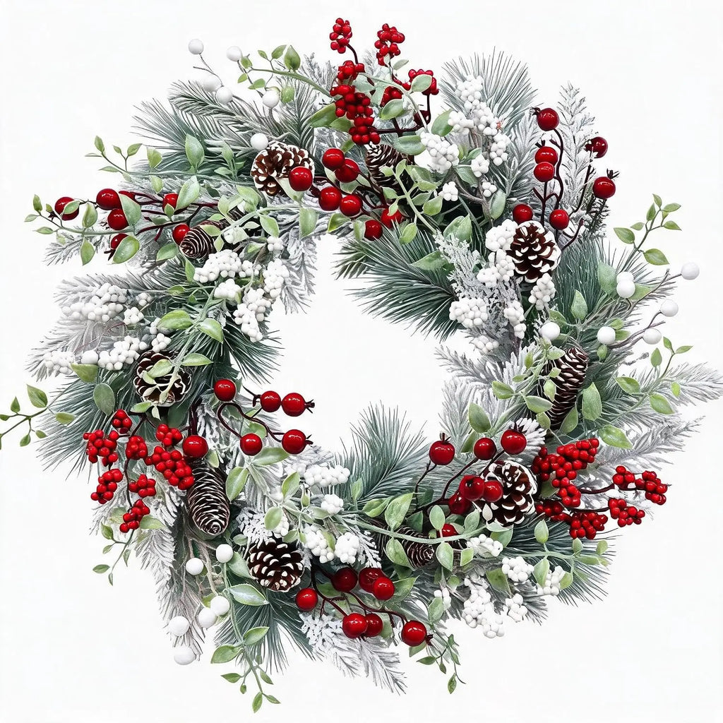 Garvee Elegant Snowy Pinecone Berry Christmas Wreath LED PVC