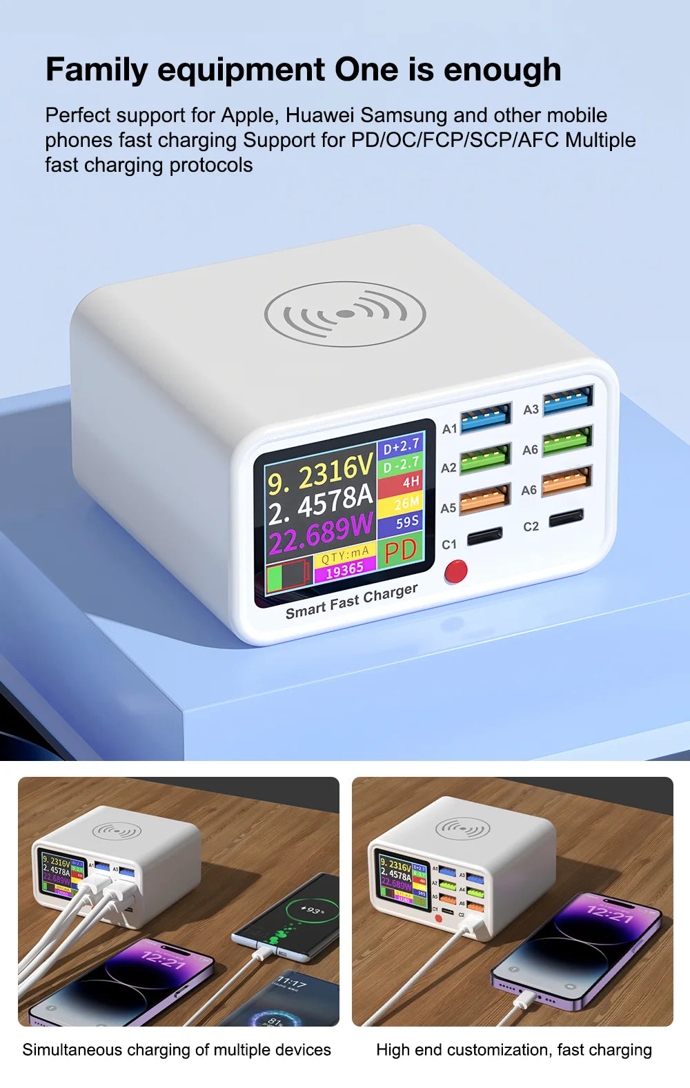 Unew Multifunction USB C Fast Charger 8 Port Desktop Charger Type C PD3.0 PPS QC3.0 15W Fast Wireless Charger for MacBook Phone