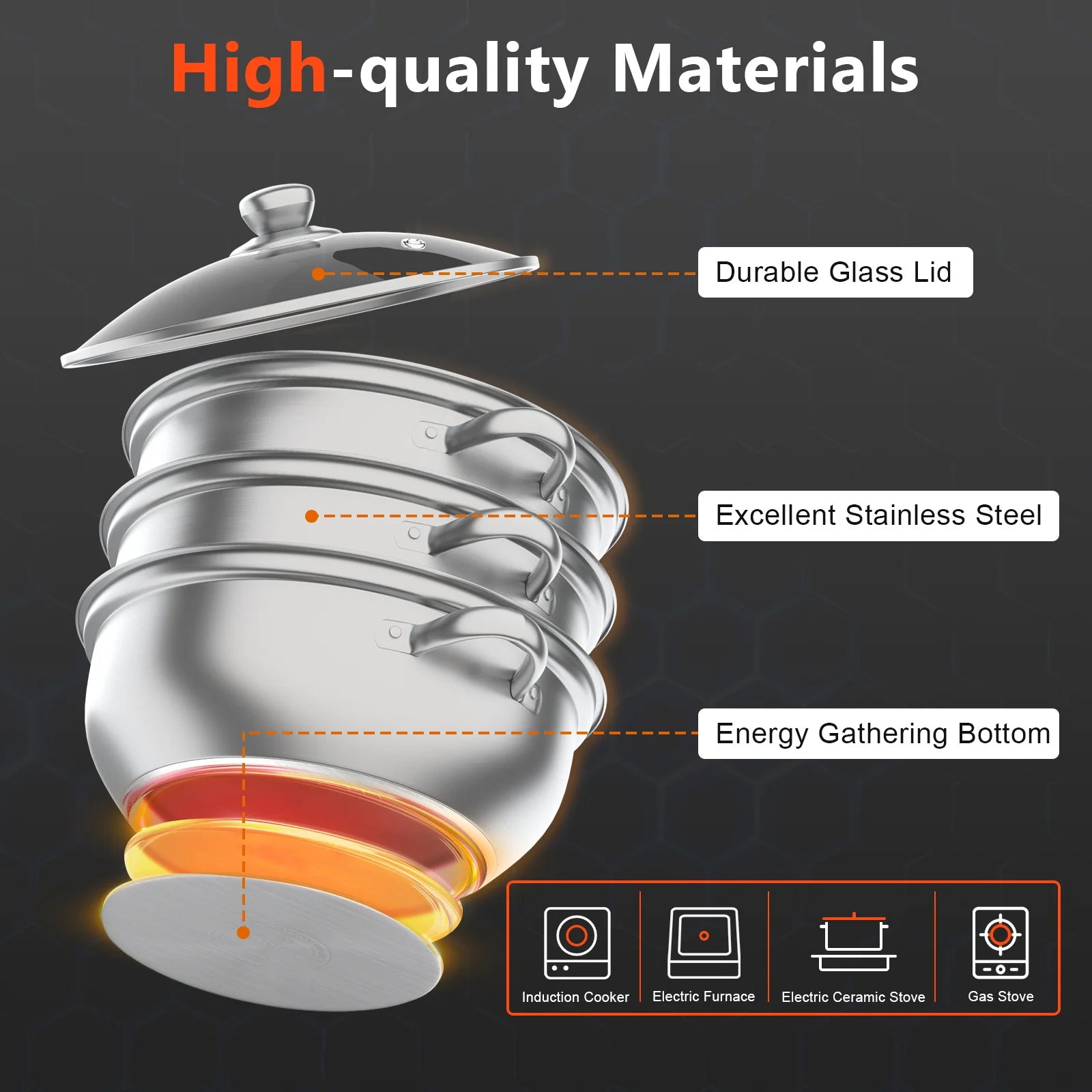 28CM Multi-Function 3 Tier Cook Food Veg Pot Large Stainless Steel Steam Cooker Steamer Kitchen