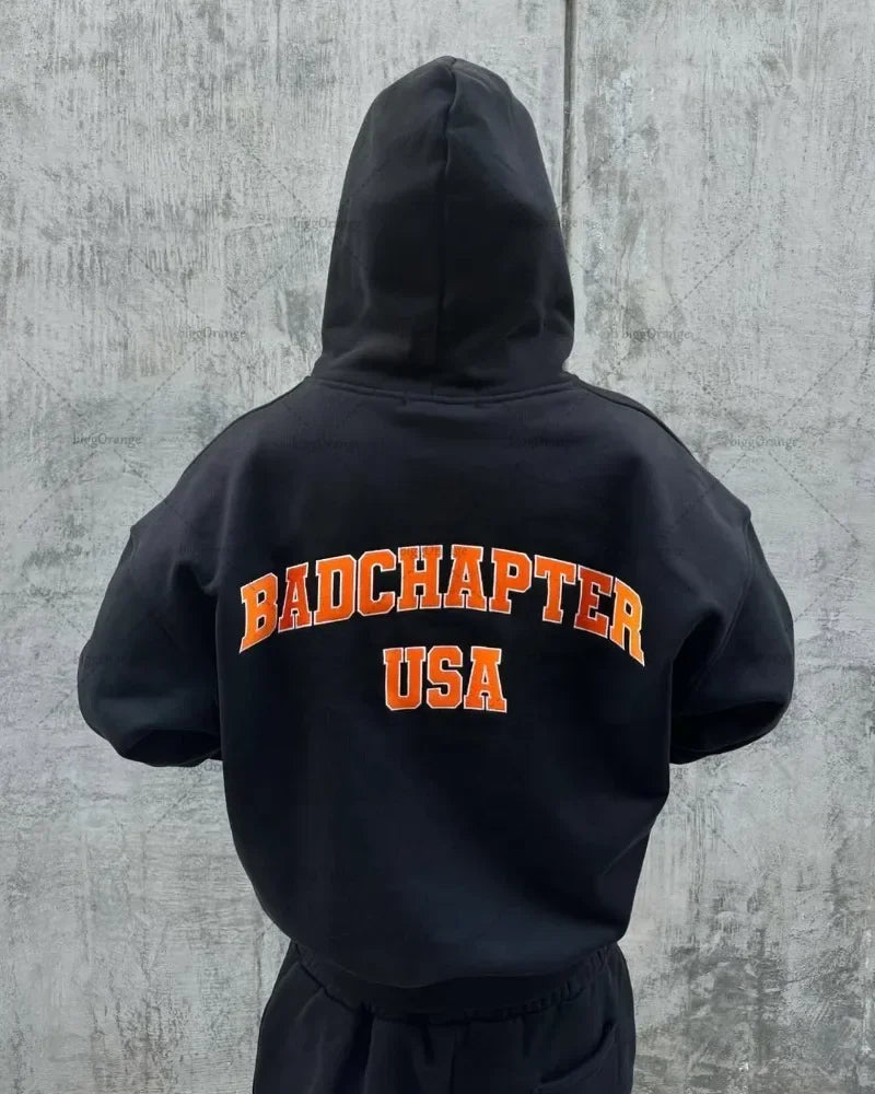 Hoodie Men American Hip Hop Casual Sweatshirt Harajuku Retro Fashion Street Clothing Pants Classic Letter Print Zipper Set