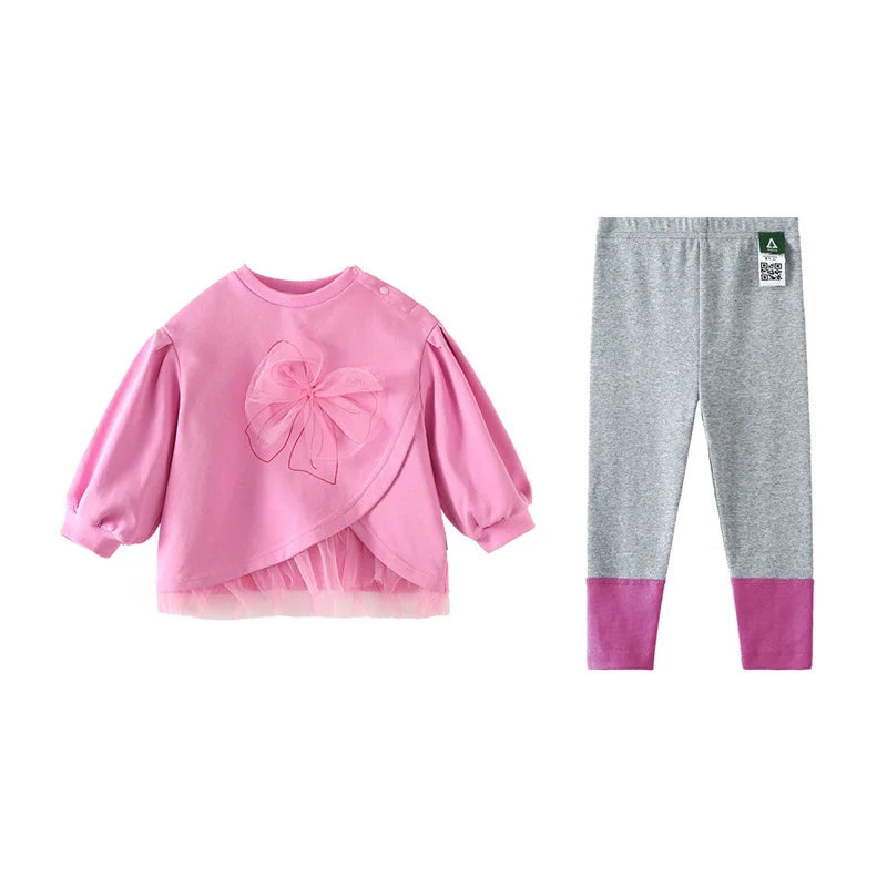 Amila Baby Set 2025 Spring New Solid Color Bow Solid Loose Sweatshirt Leggings Casual Soft Children's Two-Piece Set