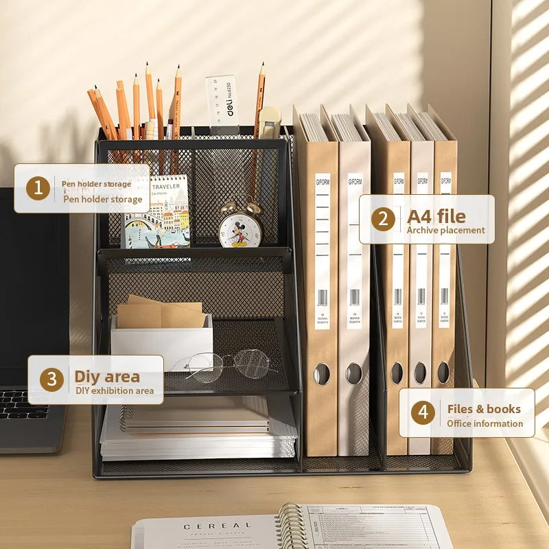 Office Desk Accessories, Desk Organizer, 4-Tier Office Supplies with File Holder, Integrated Design without Installation.