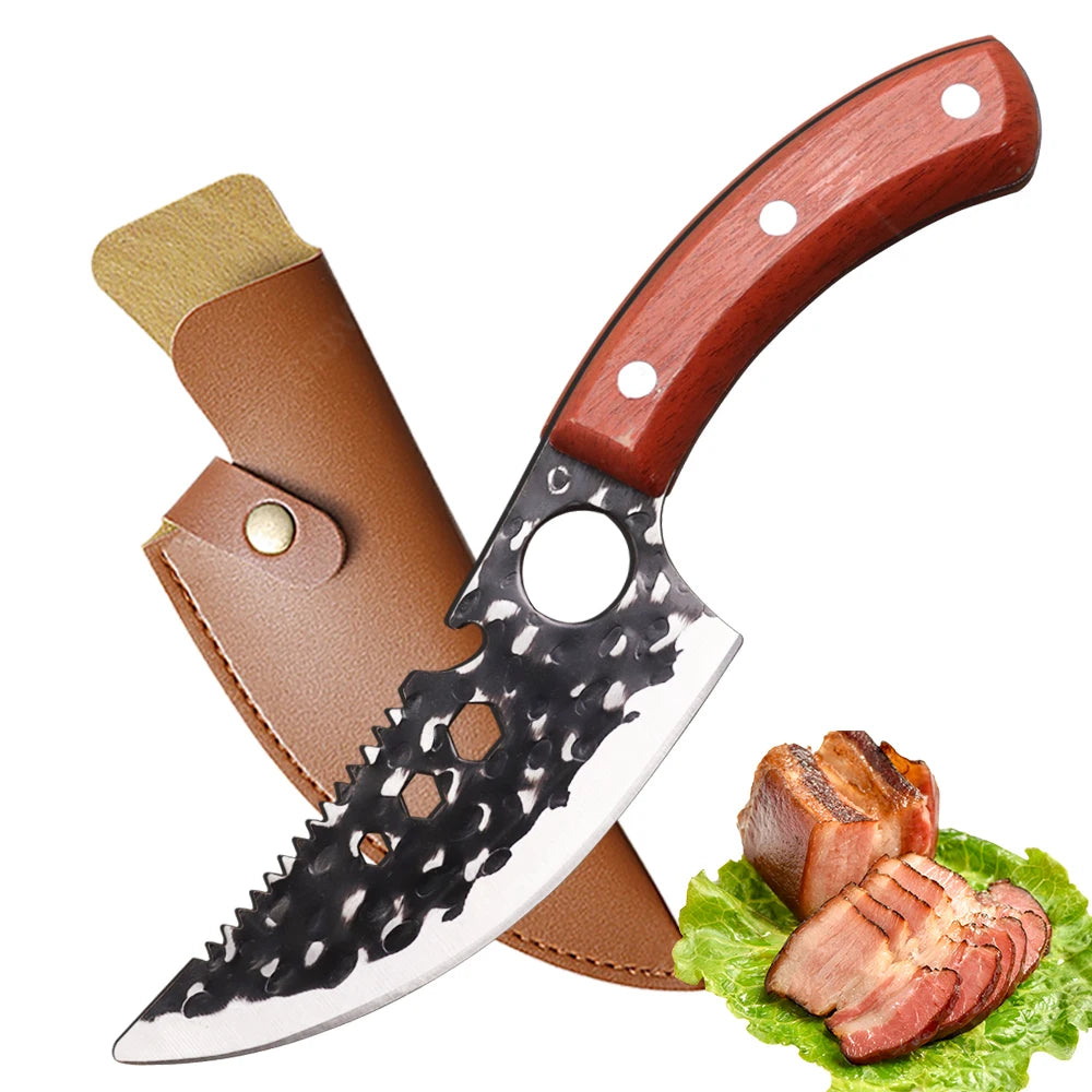 Meat Cleaver Boning Knife Wooden Handle Kitchen Knives Mongolian Meat Eating Knife Beef Lamb Knife Stainless Steel Butcher Knife