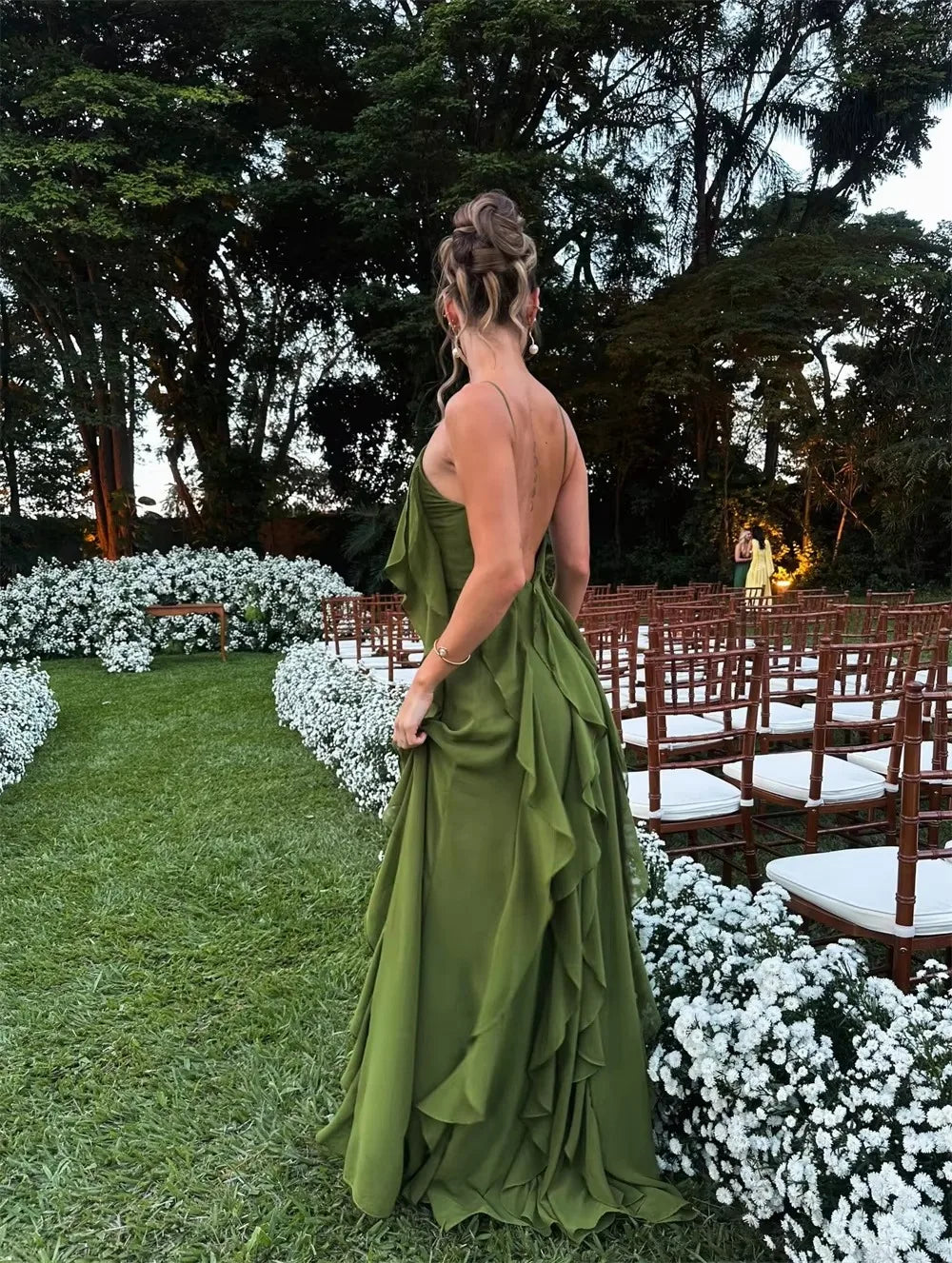 Woman Olive Green Halter Neck Chiffon Maxi Dresses 3D Floral