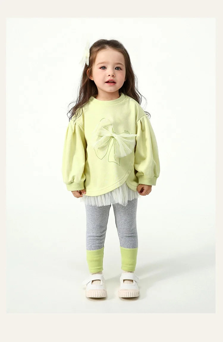 Amila Baby Set 2025 Spring New Solid Color Bow Solid Loose Sweatshirt Leggings Casual Soft Children's Two-Piece Set