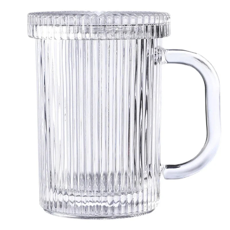 Transparent Coffee Mugs Simple Stripe Glass Cup with Lid Straw Tea Cup Juice Drinking Wine Beer Milk Breakfast Shot Glasses Set