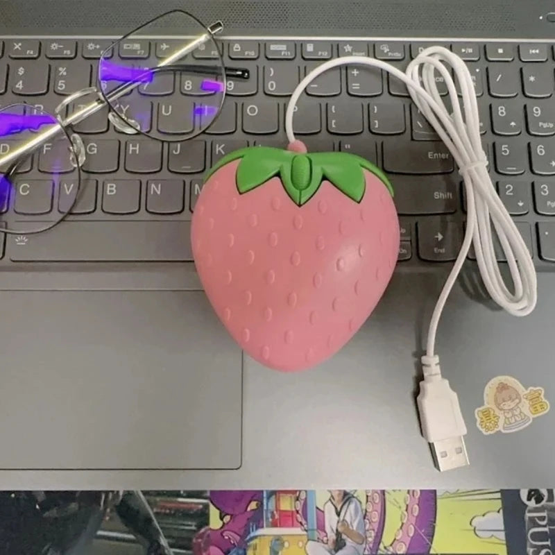 Pink Strawberry Corded Mouse Small Optical PC Computer Game