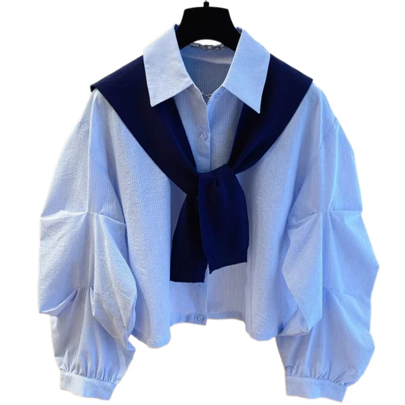 Knitted Shawl With Blue Striped Shirt For Women's Two-piece Top 2025 New Loose Layered Autumn blouse