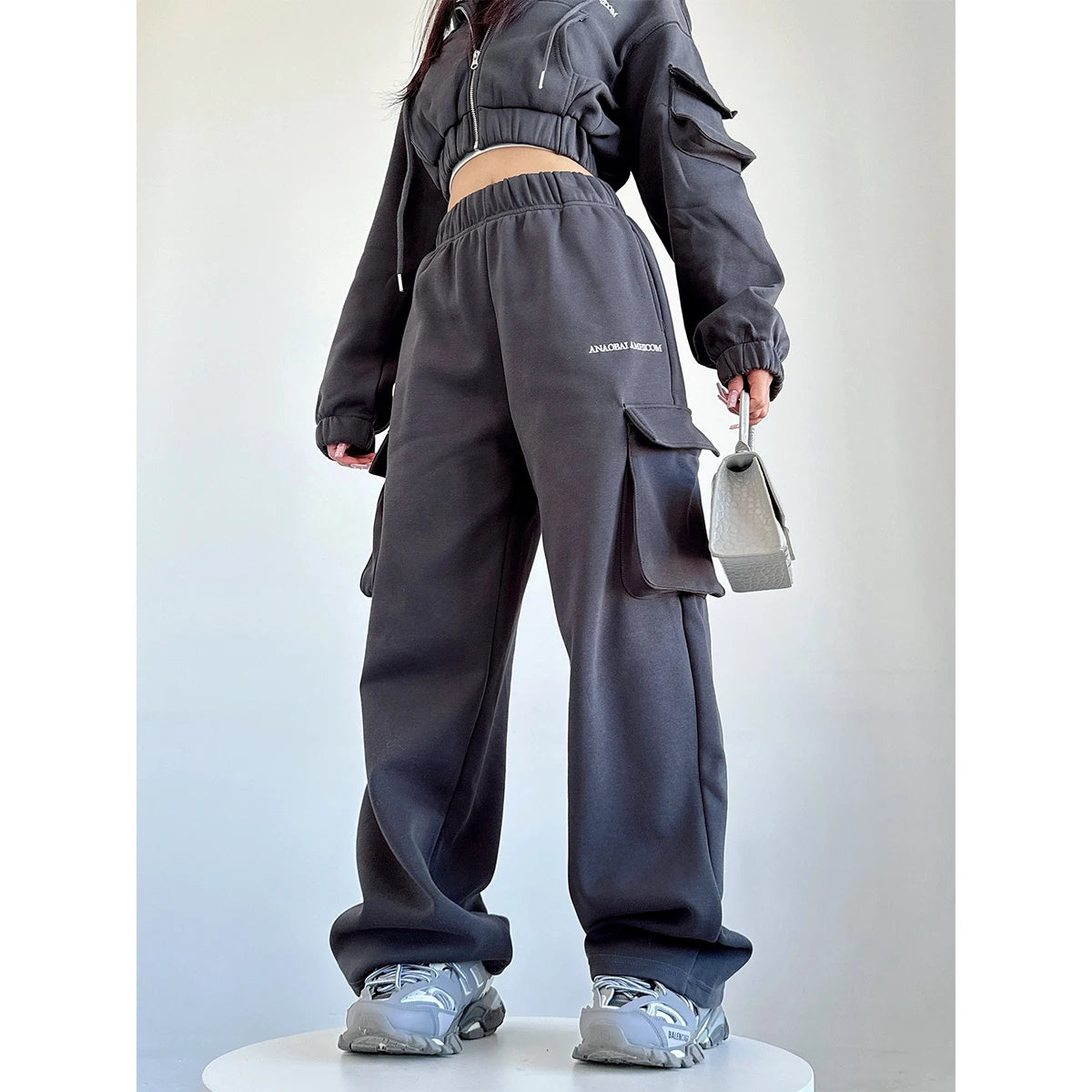 WOMENGAGA Short Zipper Sweatshirt Large Pocket Wide Leg Pants Two Piece Casual Plush Set For Winter Women Fashion Sweet 2PTB
