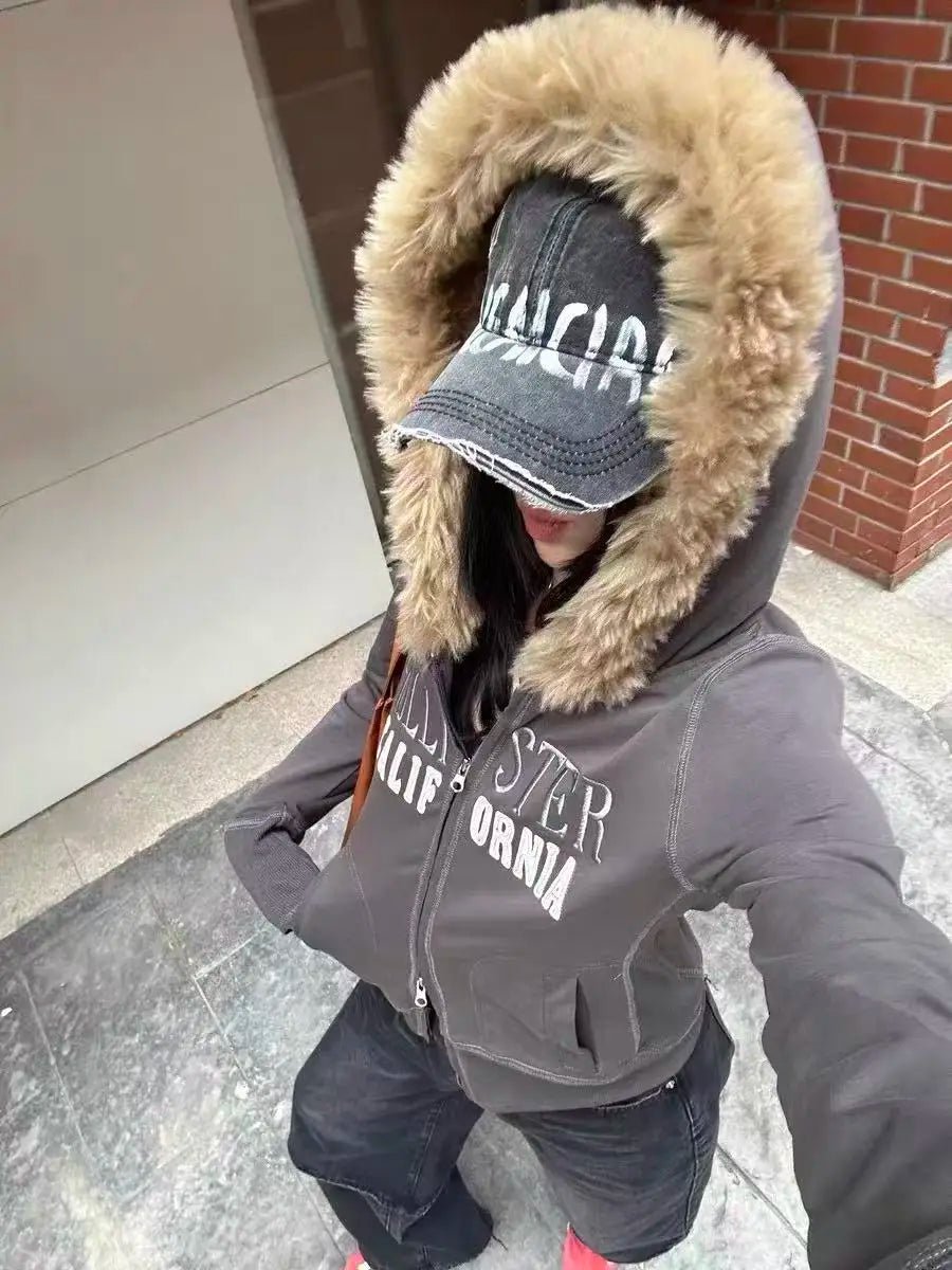 Y2K American Retro Gothic Hip Hop Fashion Blue Letter Design Slim Cardigan Jacket Sweatshirt For Women Zip Up Hoodie Streetwear