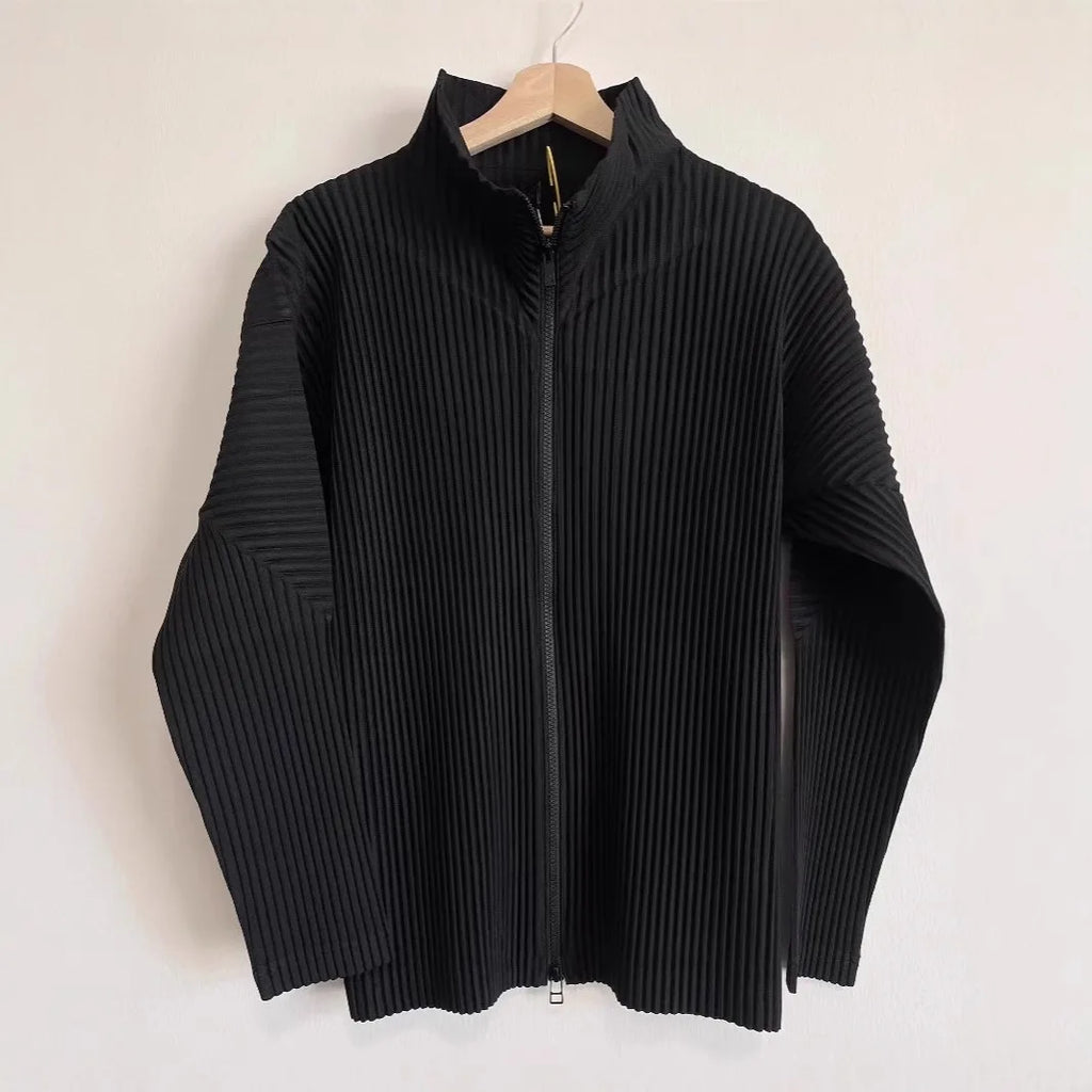 Miyake Men's Pleated Jacket Long Sleeve Standing Collar Fold Jacket Coat High Collar Zip Sweatshirt 2025 Spring Summer New Tops