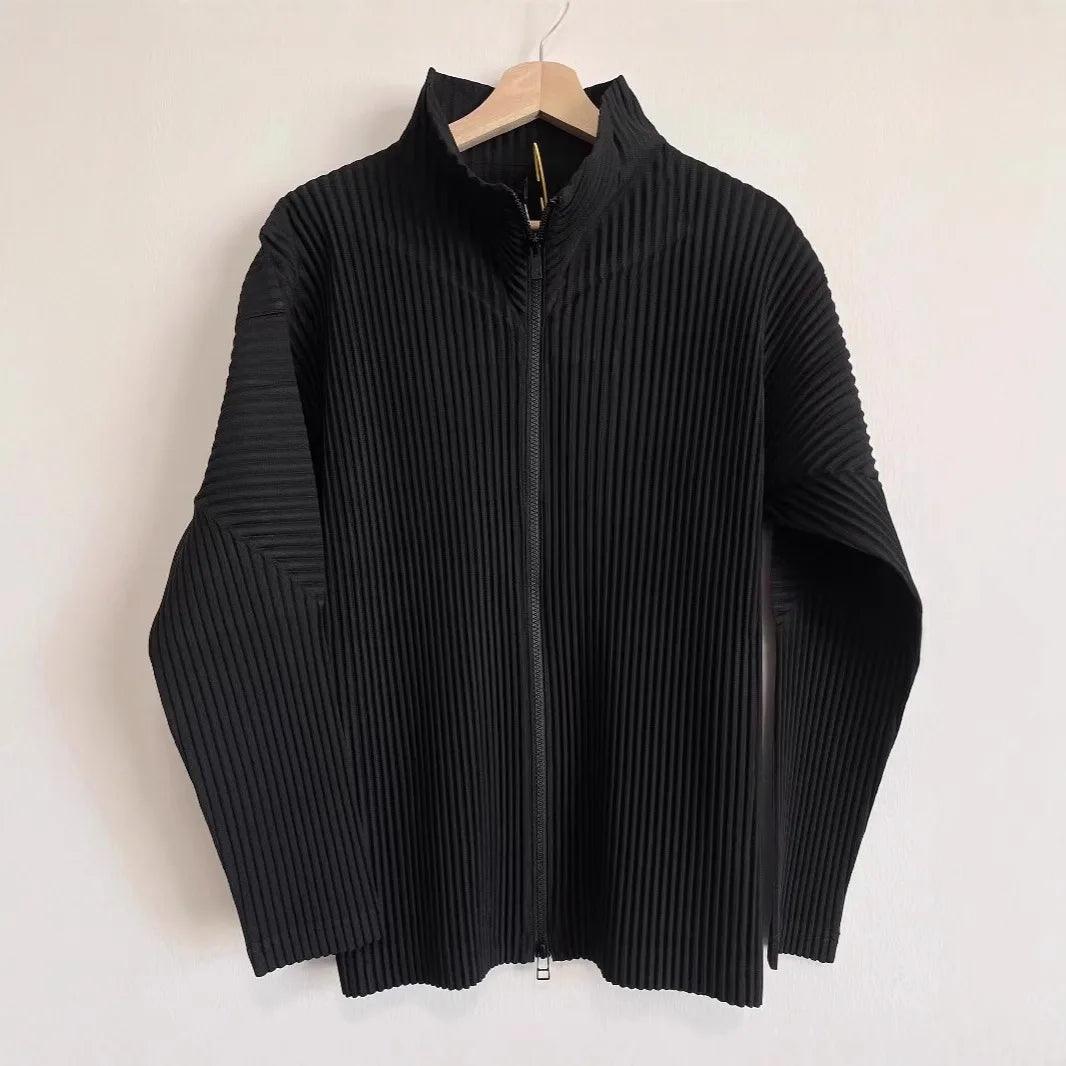 Miyake Men's Pleated Jacket Long Sleeve Standing Collar Fold Jacket Coat High Collar Zip Sweatshirt 2025 Spring Summer New Tops