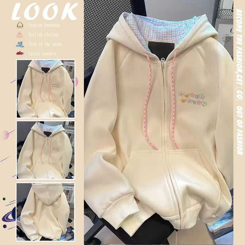Sweet Cute Sweatshirt Jacket Loose Versatile Girly Style Kawaii Striped Zip Hood Autumn and Winter Embroidery Coat