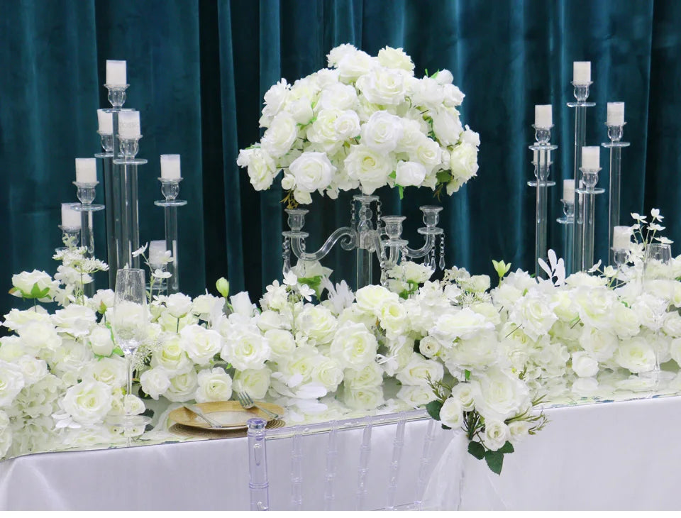 White Wedding Backdrop Decor Rose Floor Flower Runner Event Table Centerpieces Ball Pink Floral Strip Arrangement Party Props