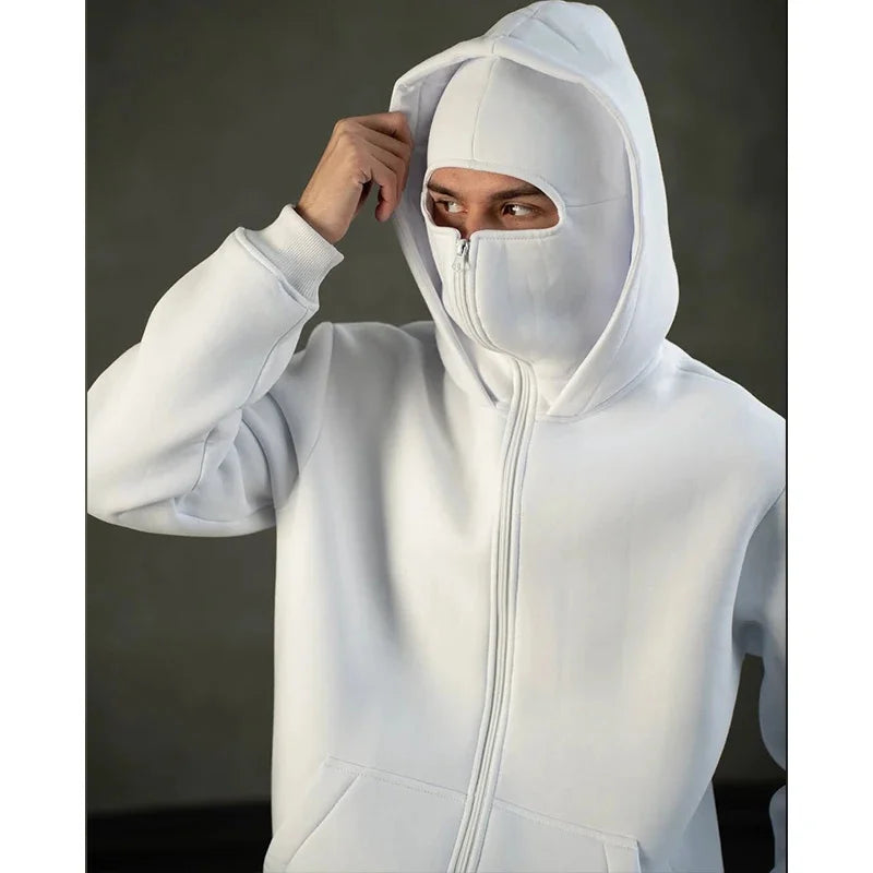 Balaclava Men Zip Hoodie Winter Warm Casual Sweatshirt Y2K with