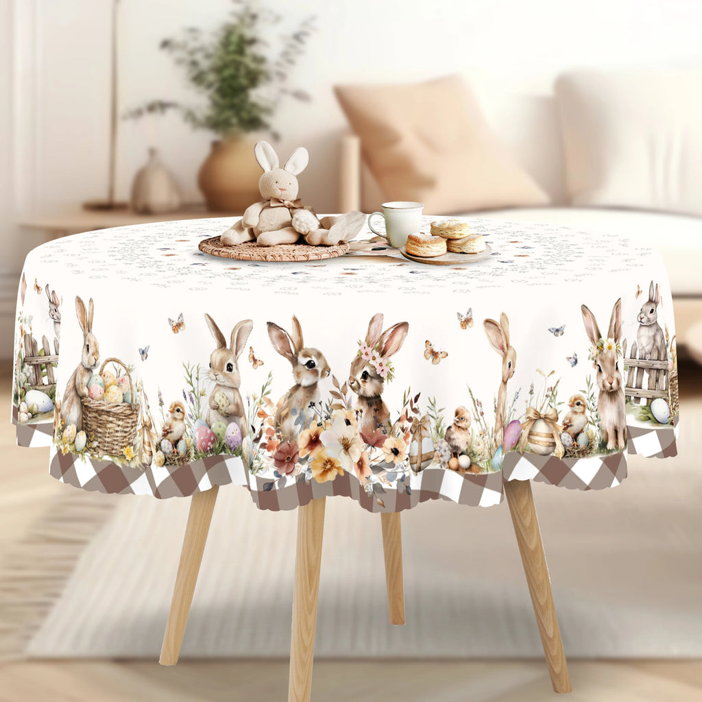Cute Easter Themed Grey Rabbit Tablecloth - 1pc Spring Floral Print with Embossed Edge, Spring Outdoor Garden