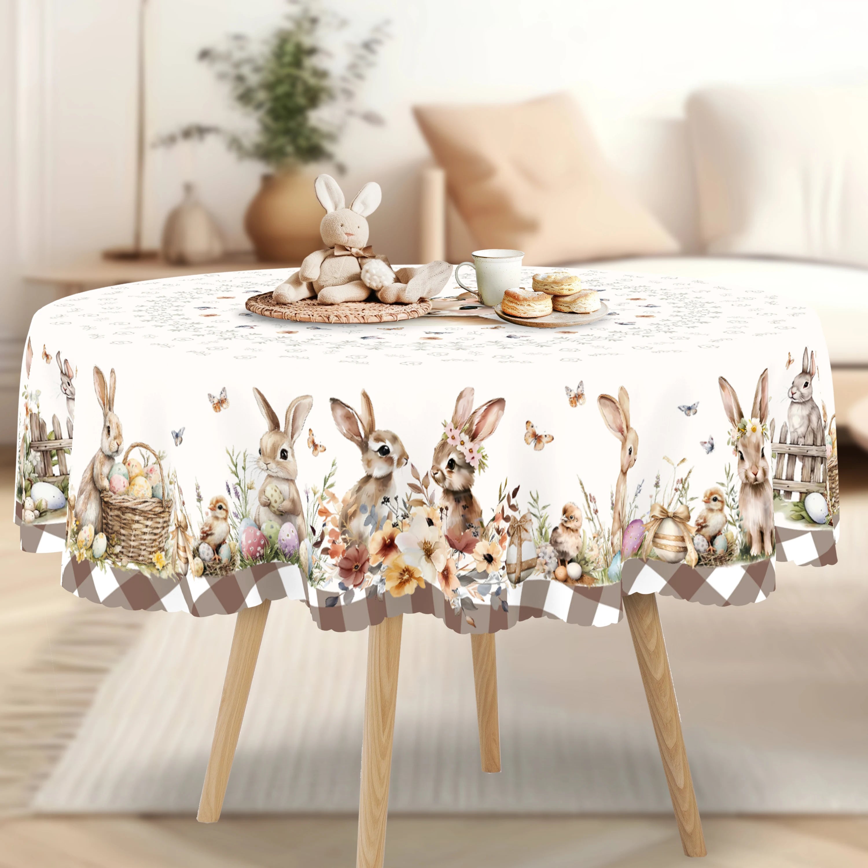 Cute Easter Themed Grey Rabbit Tablecloth - 1pc Spring Floral Print with Embossed Edge, Spring Outdoor Garden