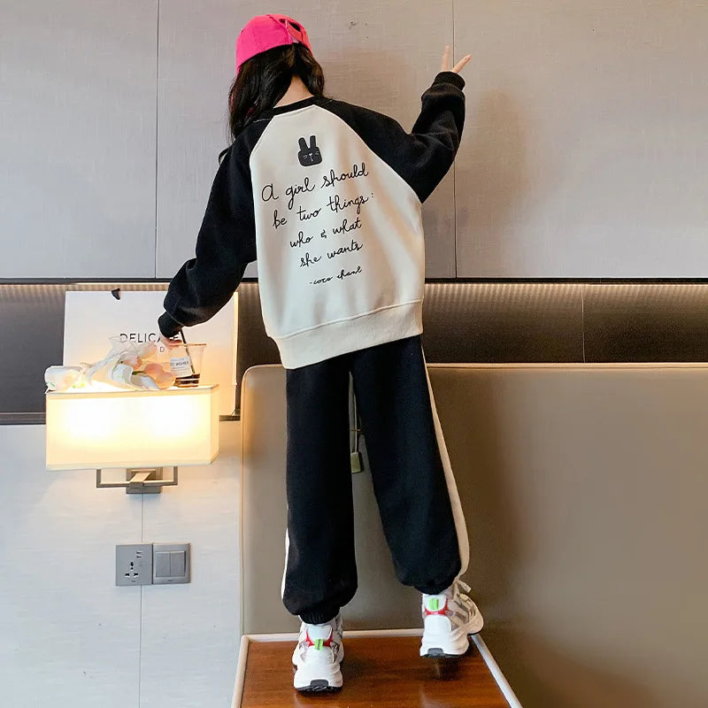 Girls Cotton Contrast Cartoon Alphabet Loose Sweatshirt+Sweatpant School Kids Tracksuit Child Jogger Outfit Workout Sets 5-16Yrs