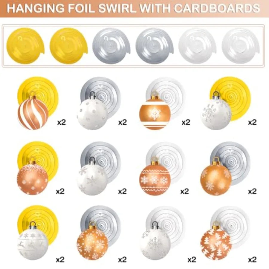Christmas hanging decorations set for holiday, baby shower, winter party: foil swirls, ball ornaments, ceiling decor in white g