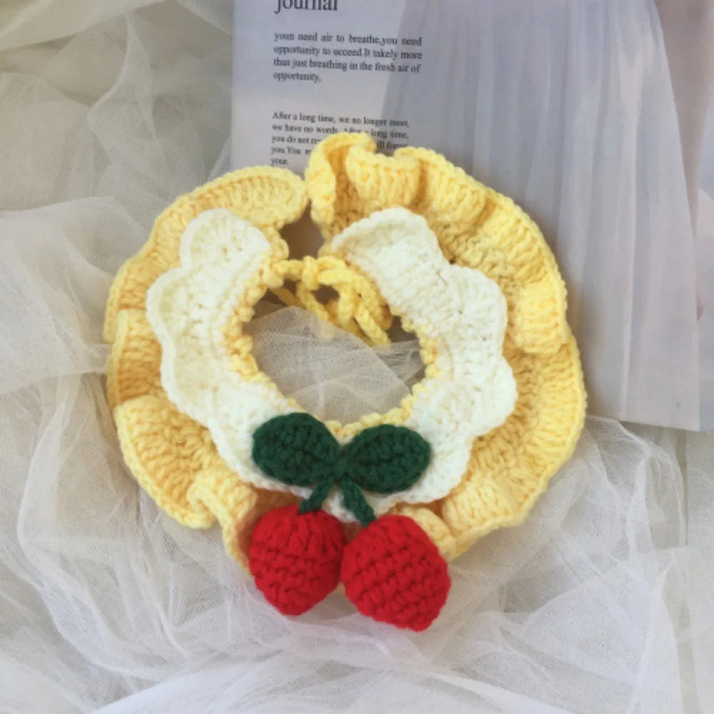 Pet Autumn and Winter Cherry Knitted Scarf New Year's Shawl Pet Drool Towel Christmas Holiday Gift Puppy Accessories
