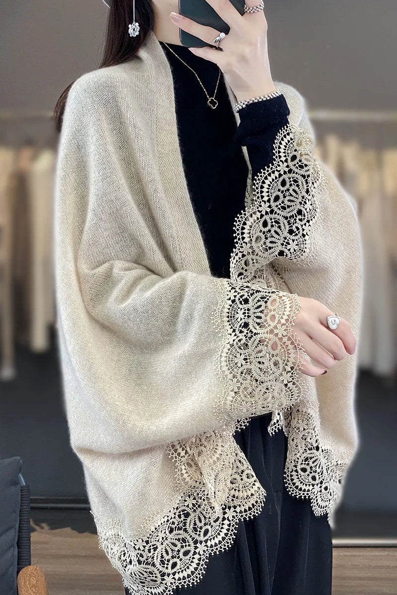 Popular Lace Edge 100% Wool Knitted Shawl Spring Autumn Thin Women's Soft, Skin friendly, Breathable, and Fashionable Cardigan