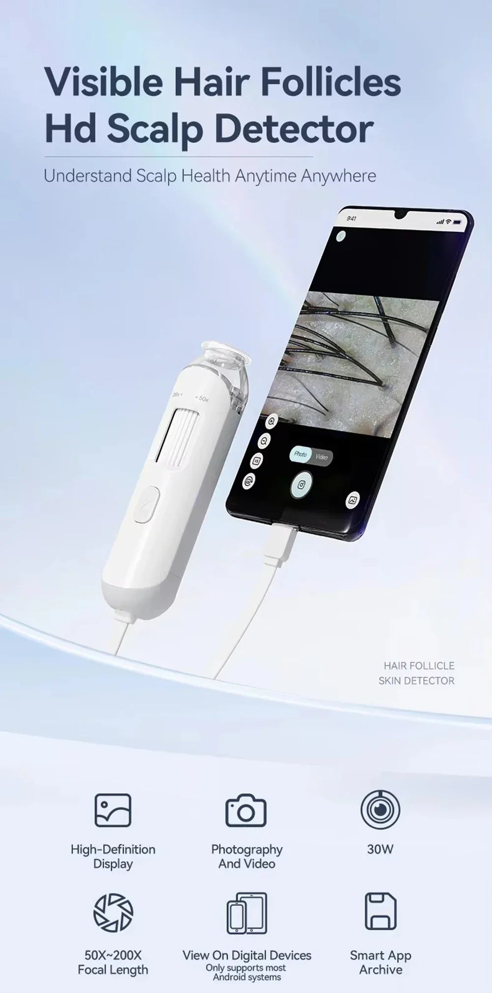 New Skin Hair Scalp Detector Dermatoscope Tester Digital HD 50X /200X Skin Analyzer Machine For Scalp Diagnostic Skin Care Tools