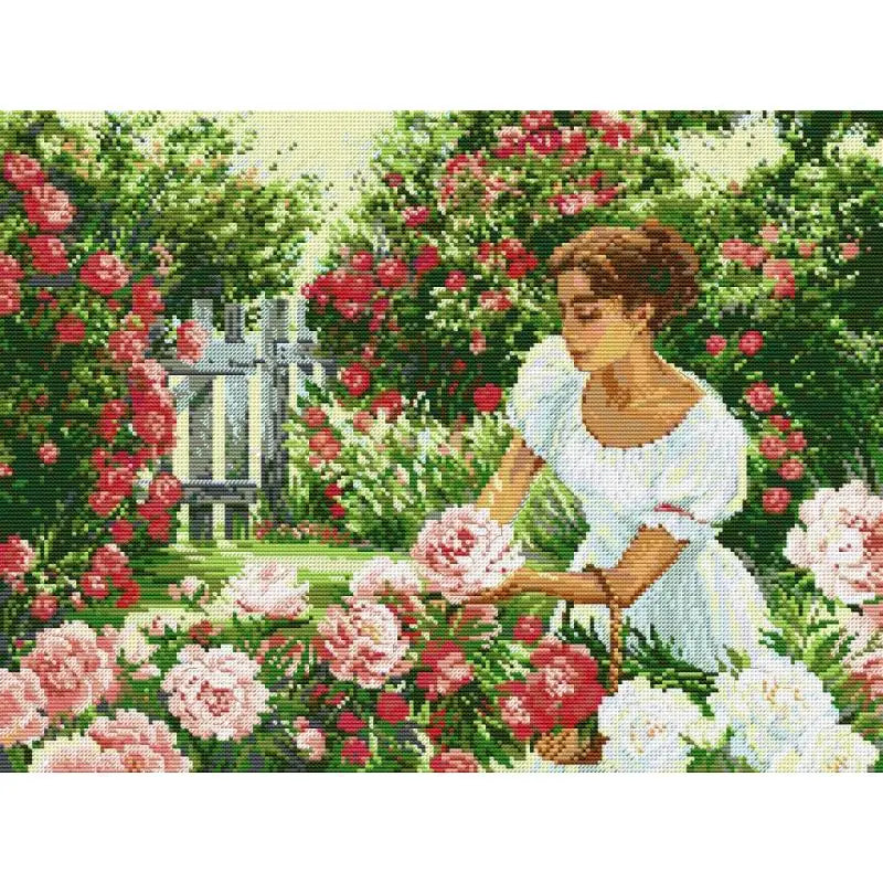 Garden Girl DIY Character Floral Patterns Cross Stitch Kits 14 16 11CT White Canvas Printed Fabric Embroidery Home Decor Crafts