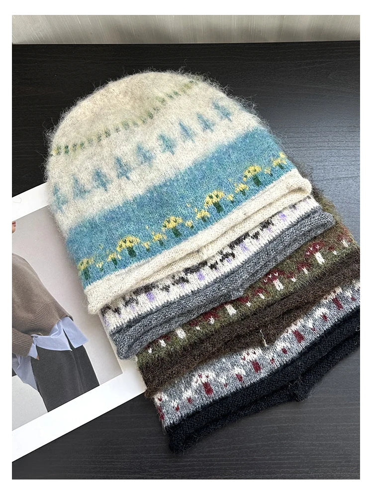 Korean Cute Mushroom Jacquard Knitted Beanies for Women Autumn Winter Warm Versatile Show Face Small Atmosphere Pullover Hat