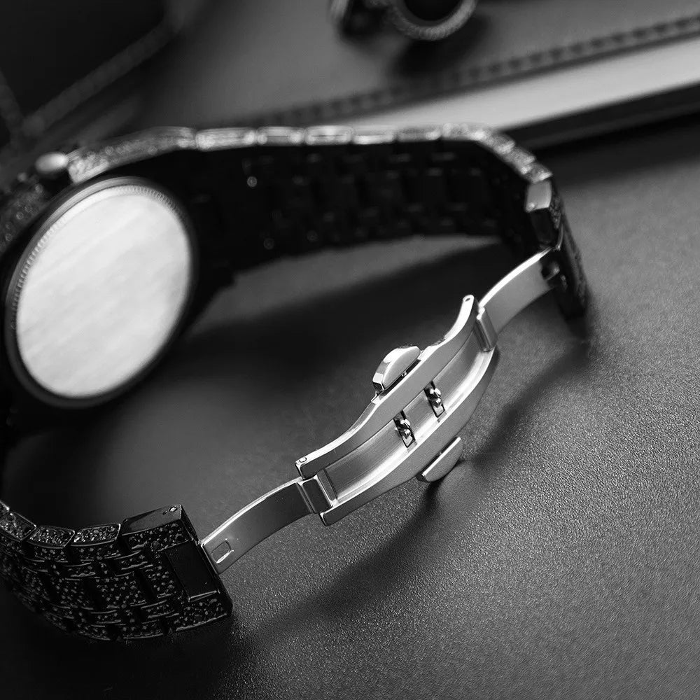 Iced-Out Black Rhinestone Men's Quartz Watch