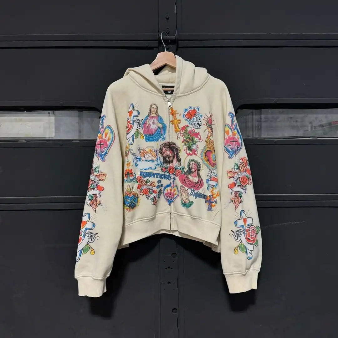 Men Blue Hip Hop Streetwear Hooded Sweatshirt Cartoon Graphic Print Oversized Casual Y2K Fashion Trendy Pullover Urban Style