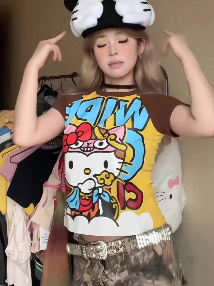 Y2K Sanrio Hello Kitty New Anime Fashion Short Tops Summer Cute Tees Cartoon Printed High Street Gothic Short Hottie T-shirts