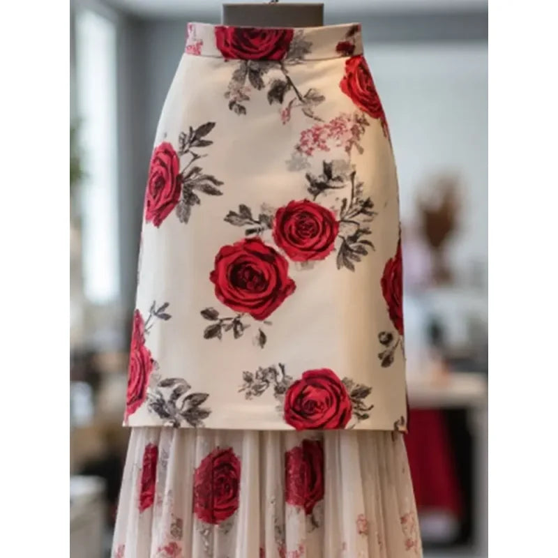 New Summer Fashion Rose Printed Skrit Women High Waist Slim Mesh Patchwork Pleated Bodycon Long Skirts Elegant Party