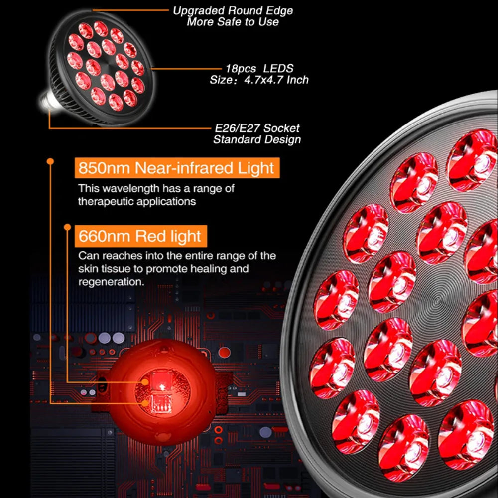 E27 LED Red 54W Light Therapy Lamp 660nm&850nm Infrared Bulb for Skin Care Pain Relief 360° Adjustable