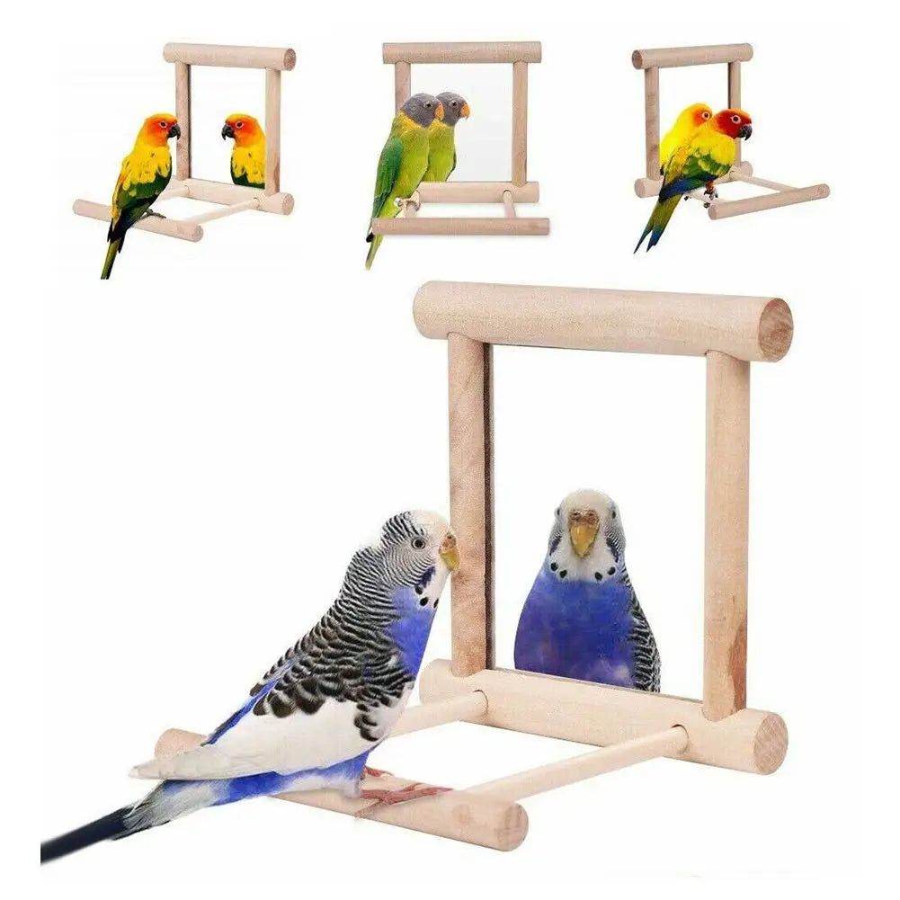 Bird Wooden Mirror Hanging Swing Interactive Play Toys for Parrot Budgies Parakeet Cockatiel Conure Lovebird Cage Accessories