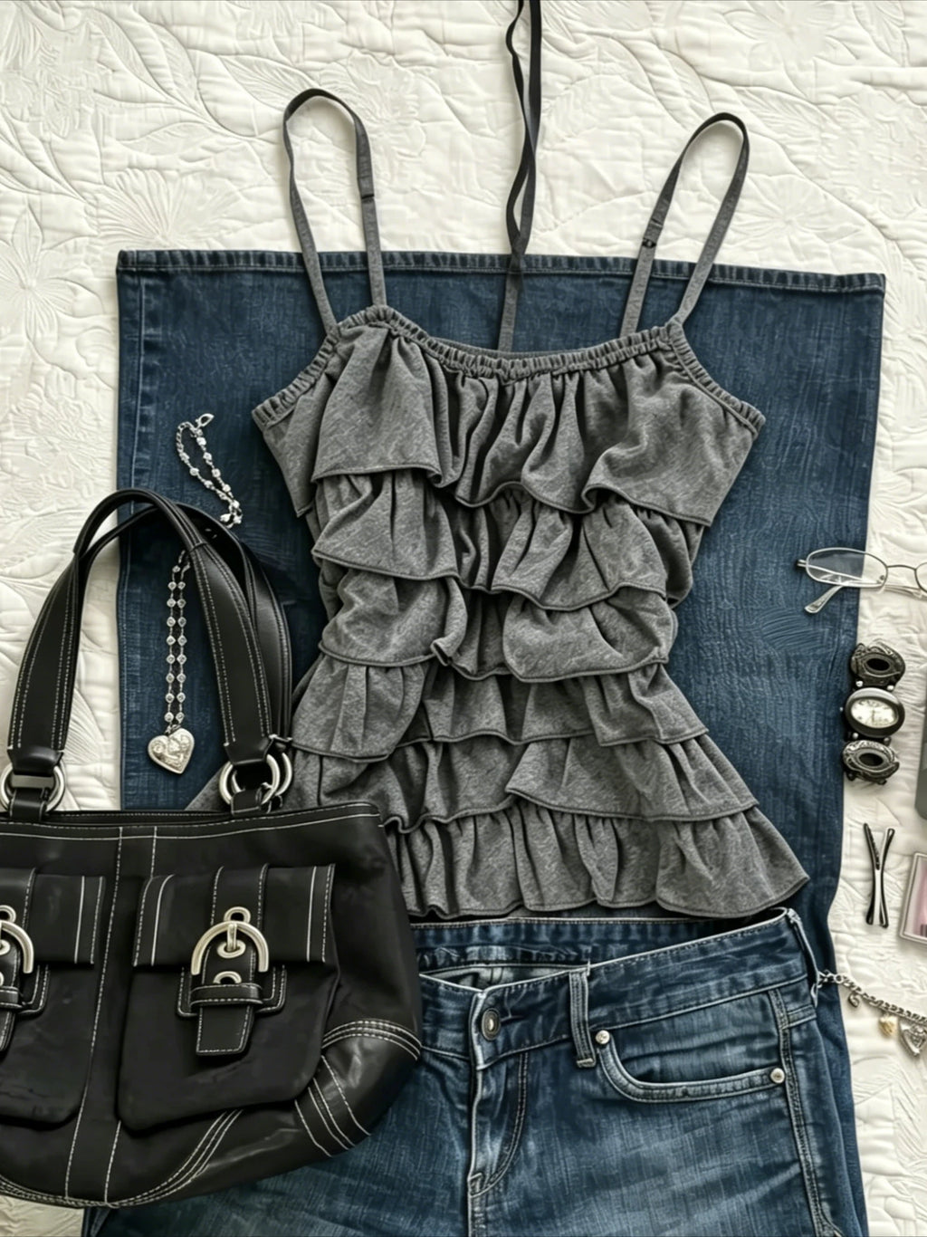 American Retro Gray Cami Top Strap Tiered Ruffle Slim Fit Y2K