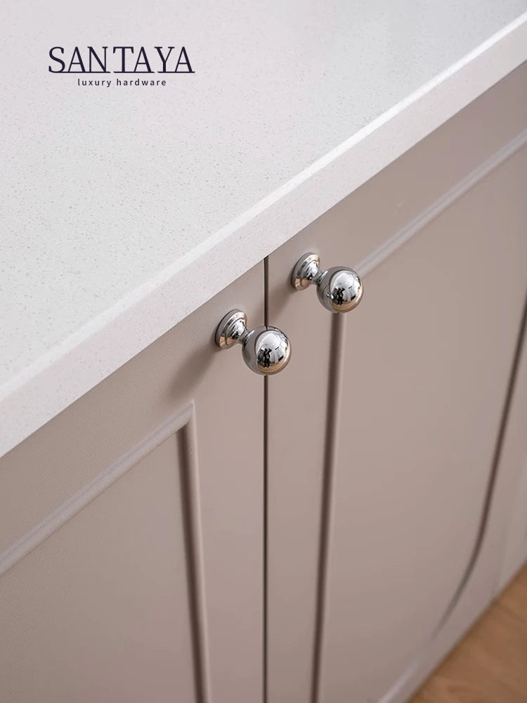 Santaya Brass Drawer Round Knobs Chrome Bright Silver Modern Minimalist Dresser Handle Single Hole Ball Kitchen Cabinet Pulls
