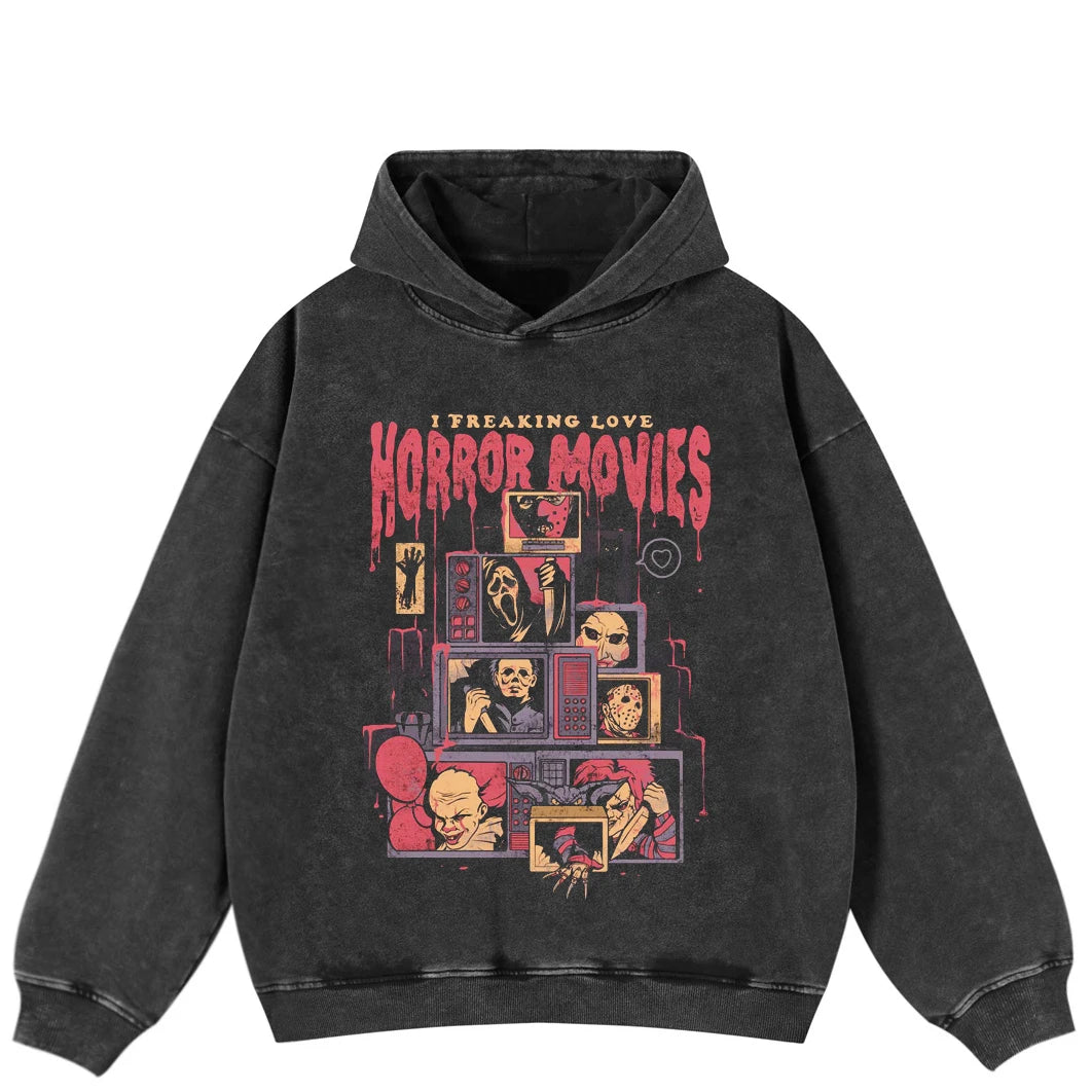 2025 Hip Hop Oversize Hoodie Sweatshirt Men Streetwear Retro Movie Vampurr Cat Graphic Harajuku Washed Black Hooded Pullover