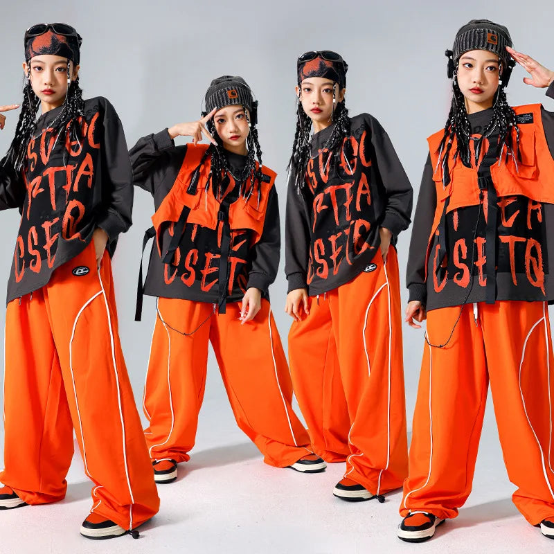 Boys Hip Hop Cool Sweatshirt Vest Cargo Pants Girls Fashion Jazz Street Dance Costume Children Clothes Set Kids K-pop Streetwear