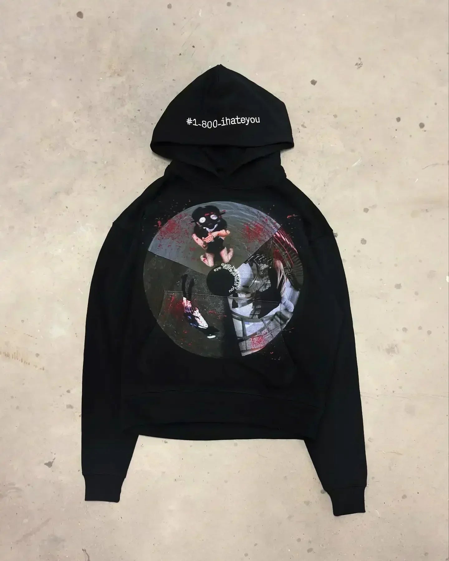 Mens Black Hooded Sweatshirt Green Head Character Graphic Red Text Print American Style Unique Creative Loose Fit Trendy Casual