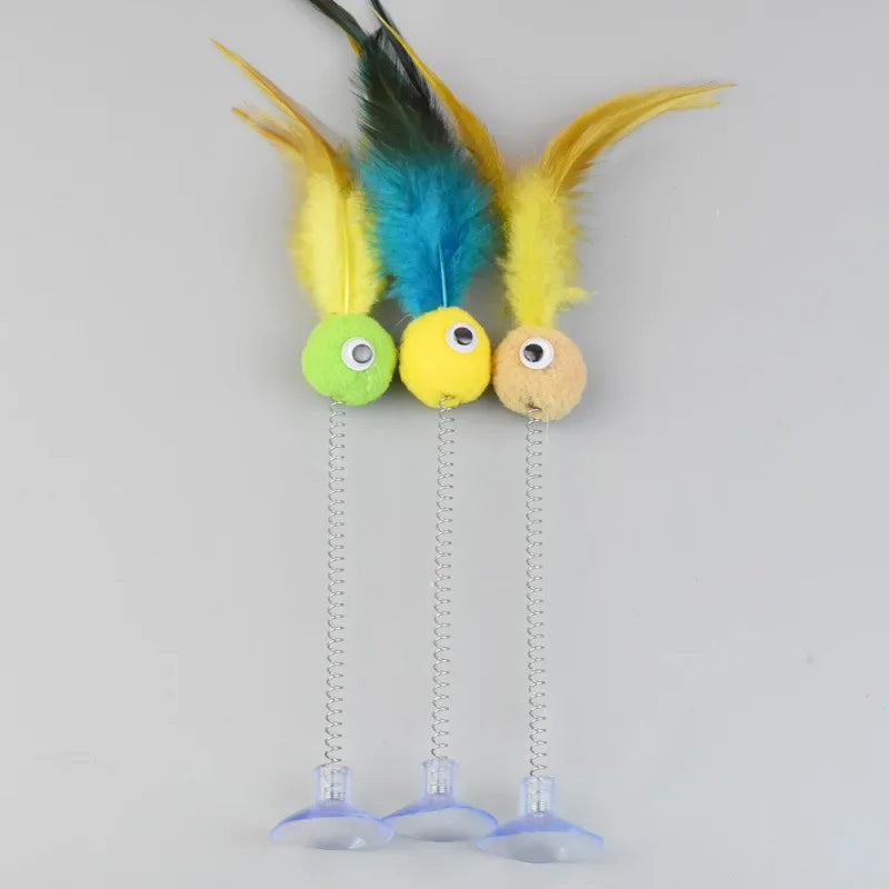 Pet Cat with Spring Toy Interactive Fun Teasing Cat Stick Suction Cup Fur Ball Pet Cat Toy