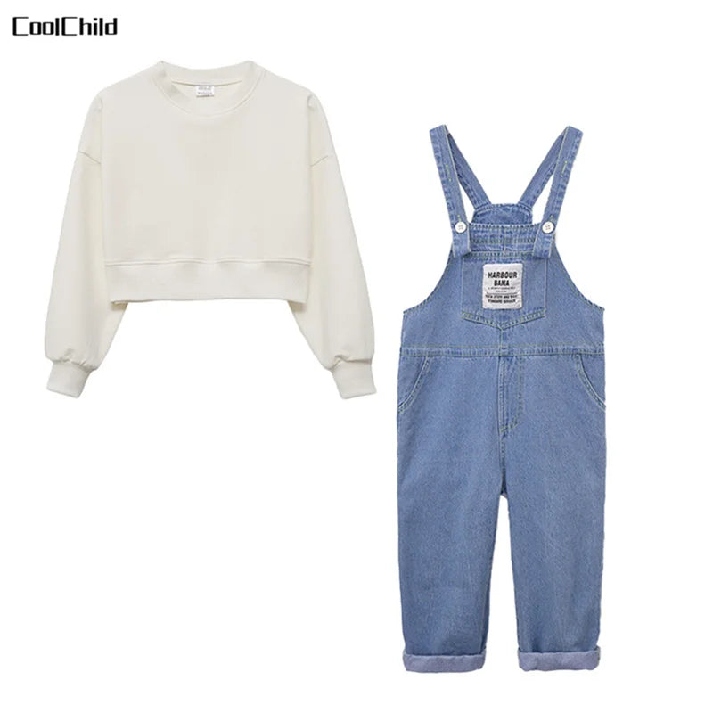 Boys Hip Hop Solid Sweatshirt Denim Loose Overalls Girls Crop Top Kids Dungaree Child Jumpsuit Street Dance Romper Streetwear