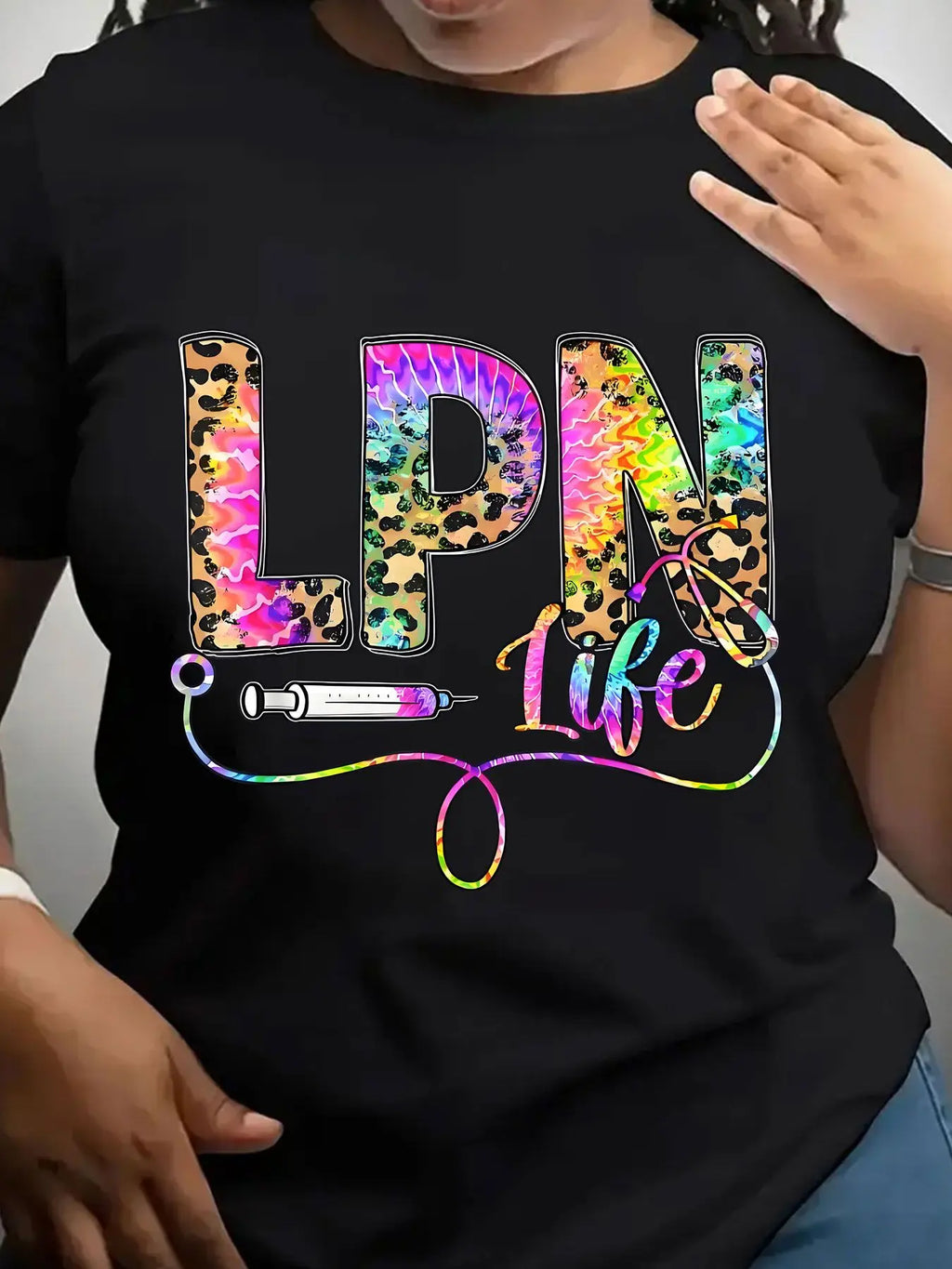 Women's Trendy Crew Neck T-Shirt Lpn Life Leopard Tie