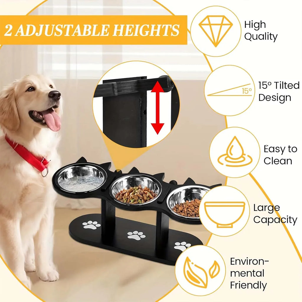Elevated Cat Bowls Raised Cat Food Bowls 15° Tilted Pet Bowl With 3 Stainless Steel Bowls Wood Bracket For Cats Puppy Small Dogs