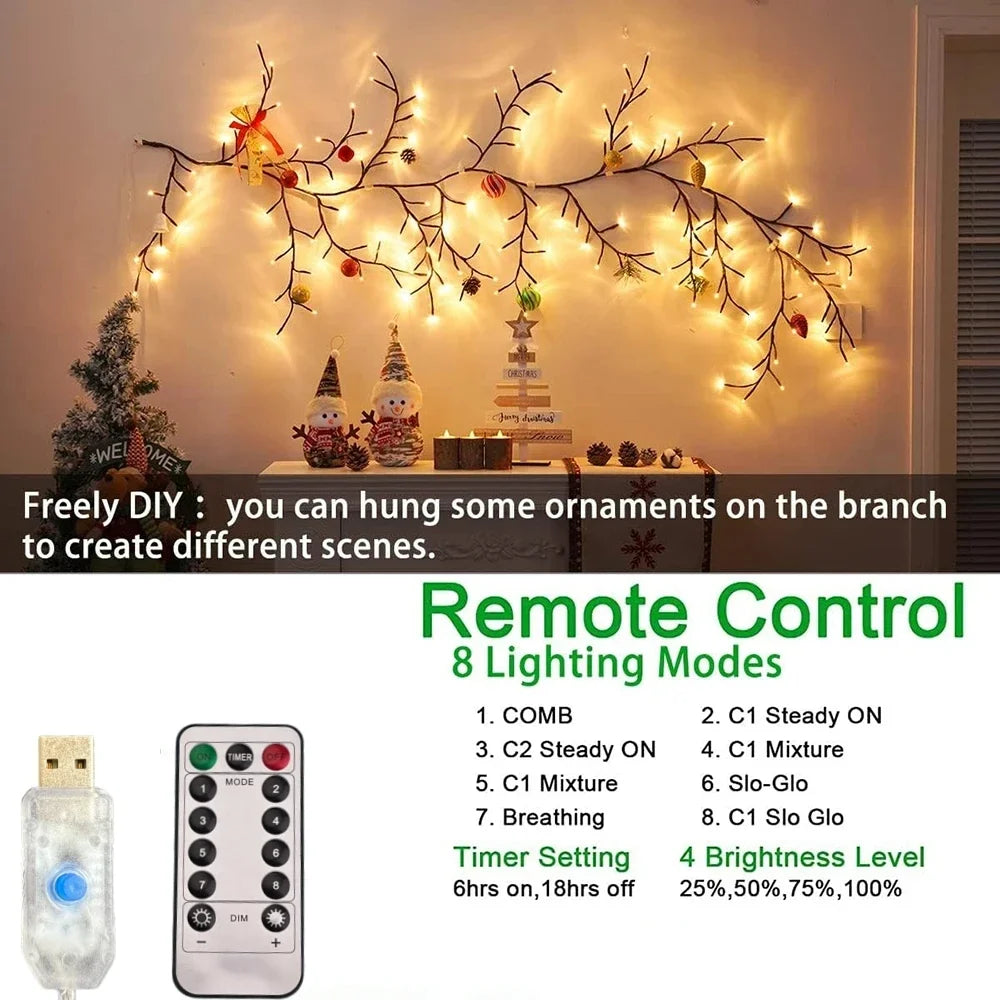 72/96/144LEDS USB Willow Vine Branch Lights 8 Modes Warm
