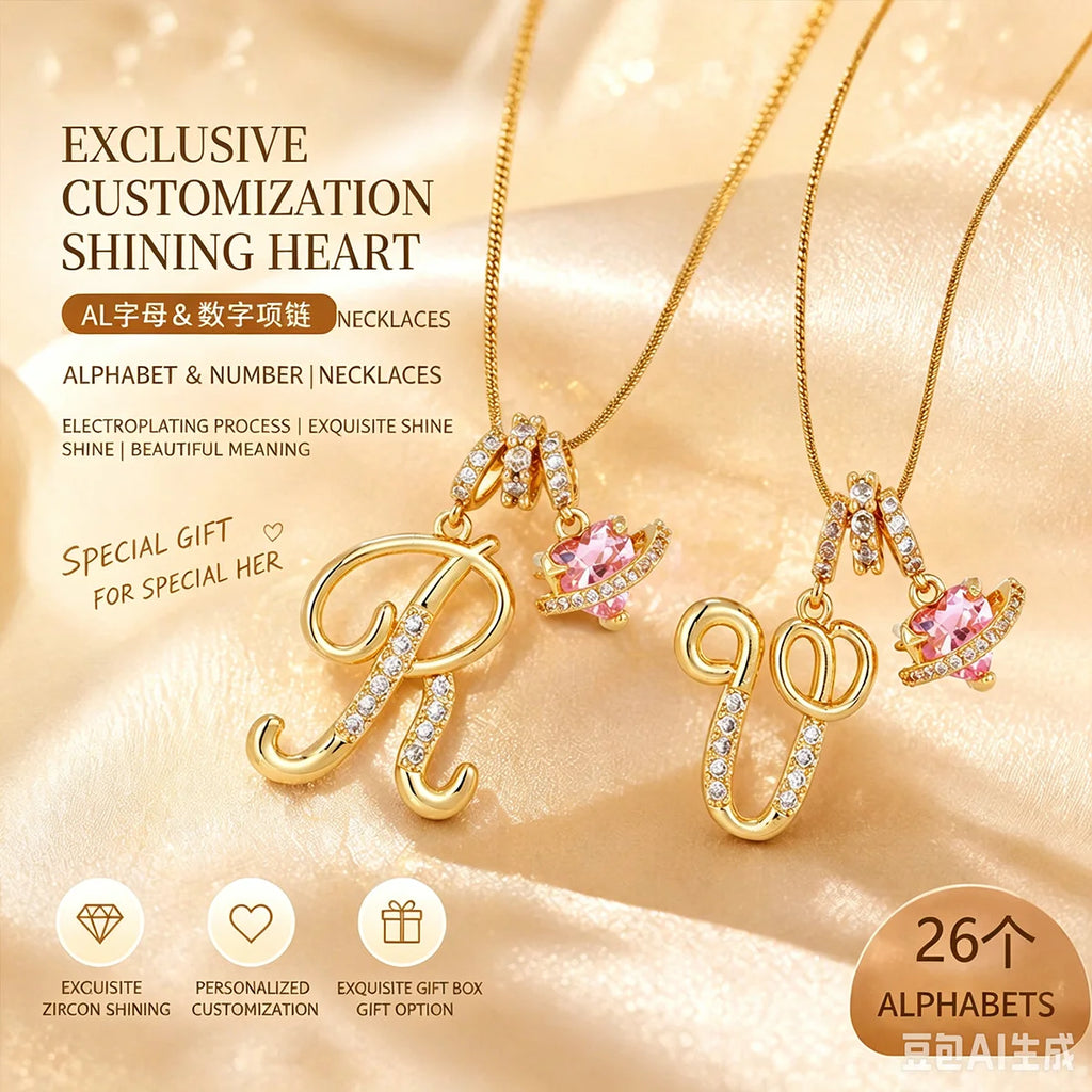 Pink Zircon Heart Letter Necklace, Gold Plated