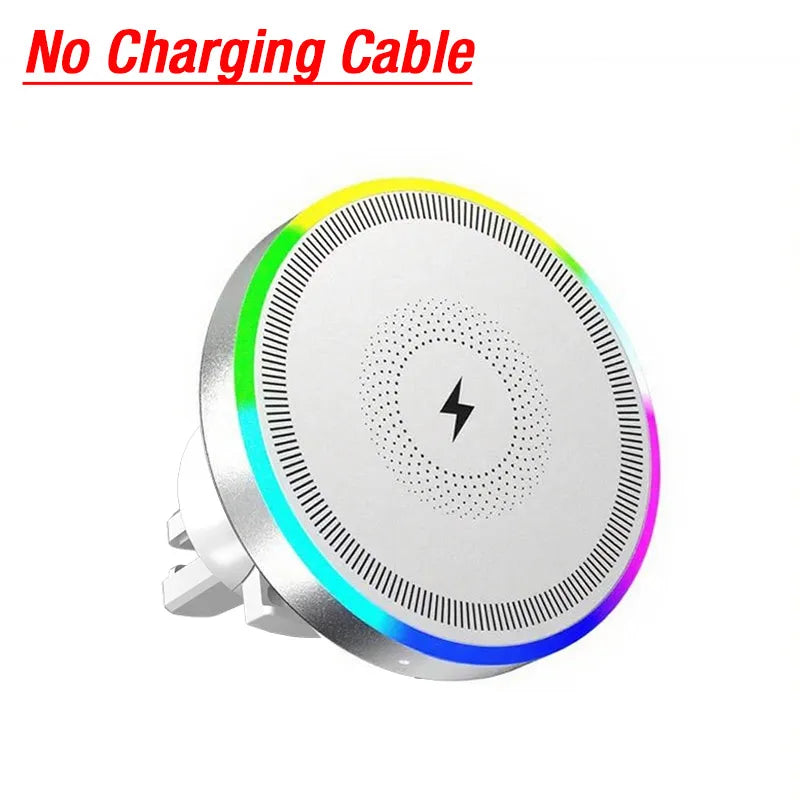 Car Magnetic Wireless Charger Air Vent Bracket Clip Phone Holder Stand RGB Light For iPhone 16 15 14 13 12 Pro Max Fast Charging