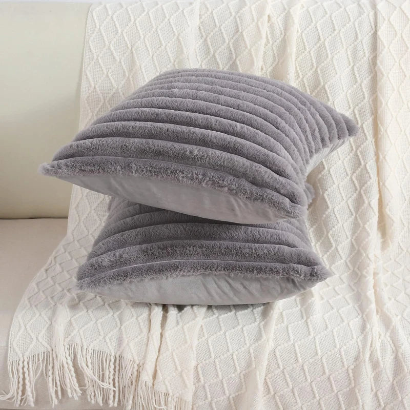 Artificial Rabbit Fur Square Cushion Cover Simple Stripe Super Soft Pillowcase 45x45 Cm Sofa Decorative Cushion Cover