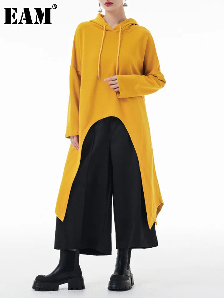 EAM Yellow Irregular Midi Sweatshirt New Hooded Drawstring Long Sleeve Women Big Size Fashion Tide Spring Autumn 2026 1DH3876