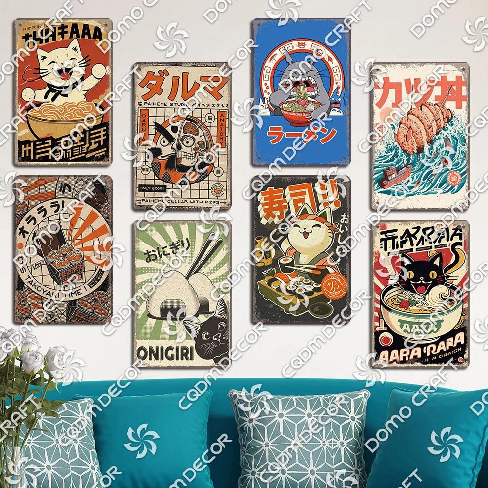 Cartoon Cat Japanese Food Plaque Tin Sign Retro Ramen Sushi Takoyaki Poster Metal Plates Bar Pub Restaurant Kitchen Wall Decor
