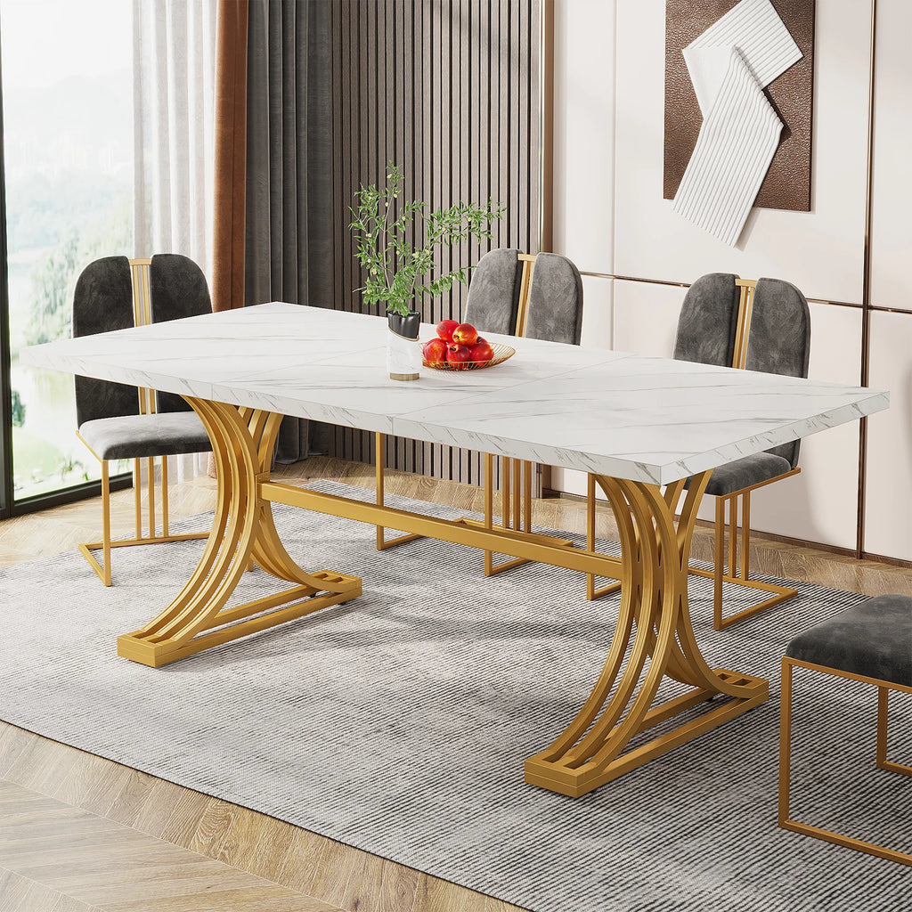 63-Inch Faux Marble Dining Table, White